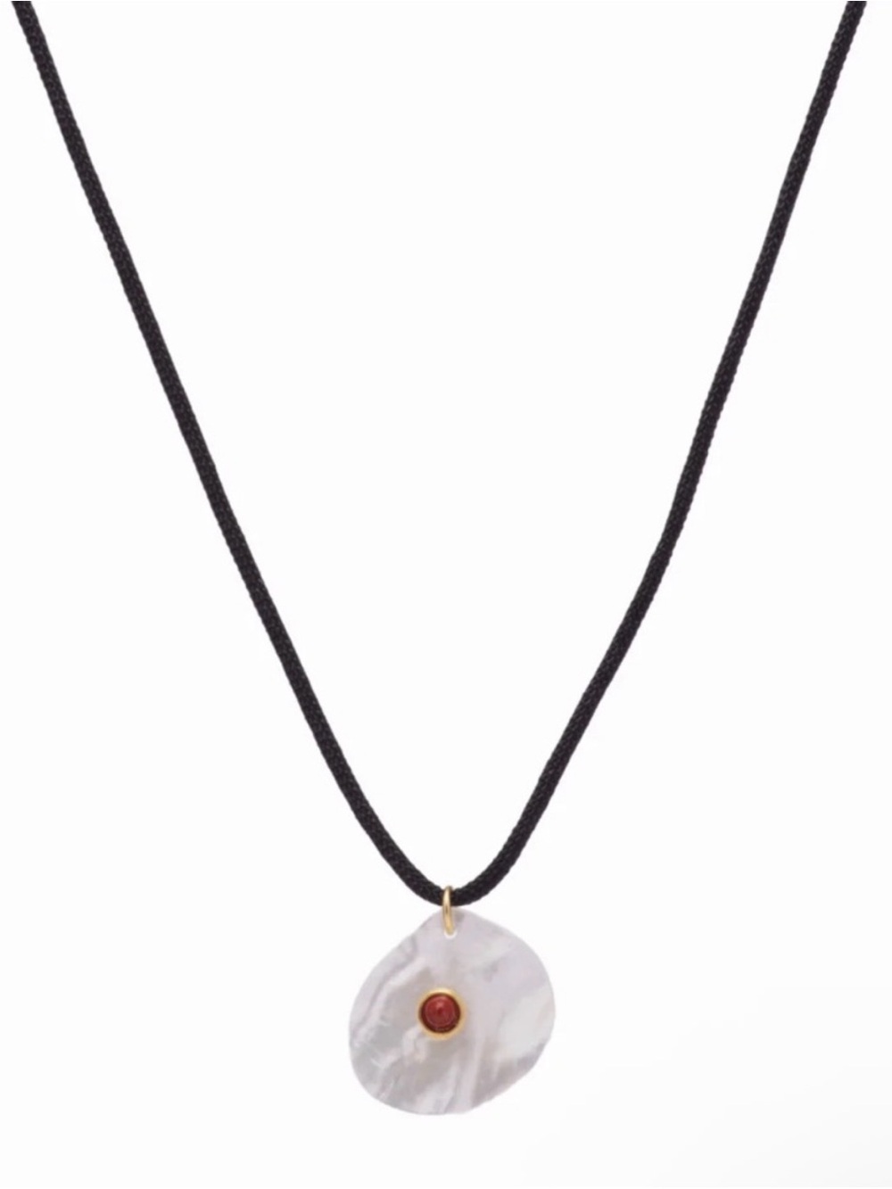 Mayamar Mother-of-Pearl Disc Necklace with Red Accent on Black Adjustable Cord